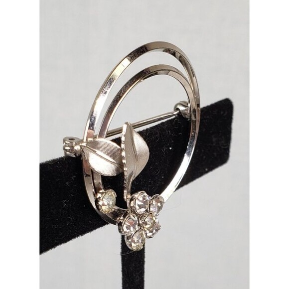 Vtg 70s Signed Krementz Floral Spray Circle Clear Rhinestones Silver Tone Brooch - Picture 10 of 16